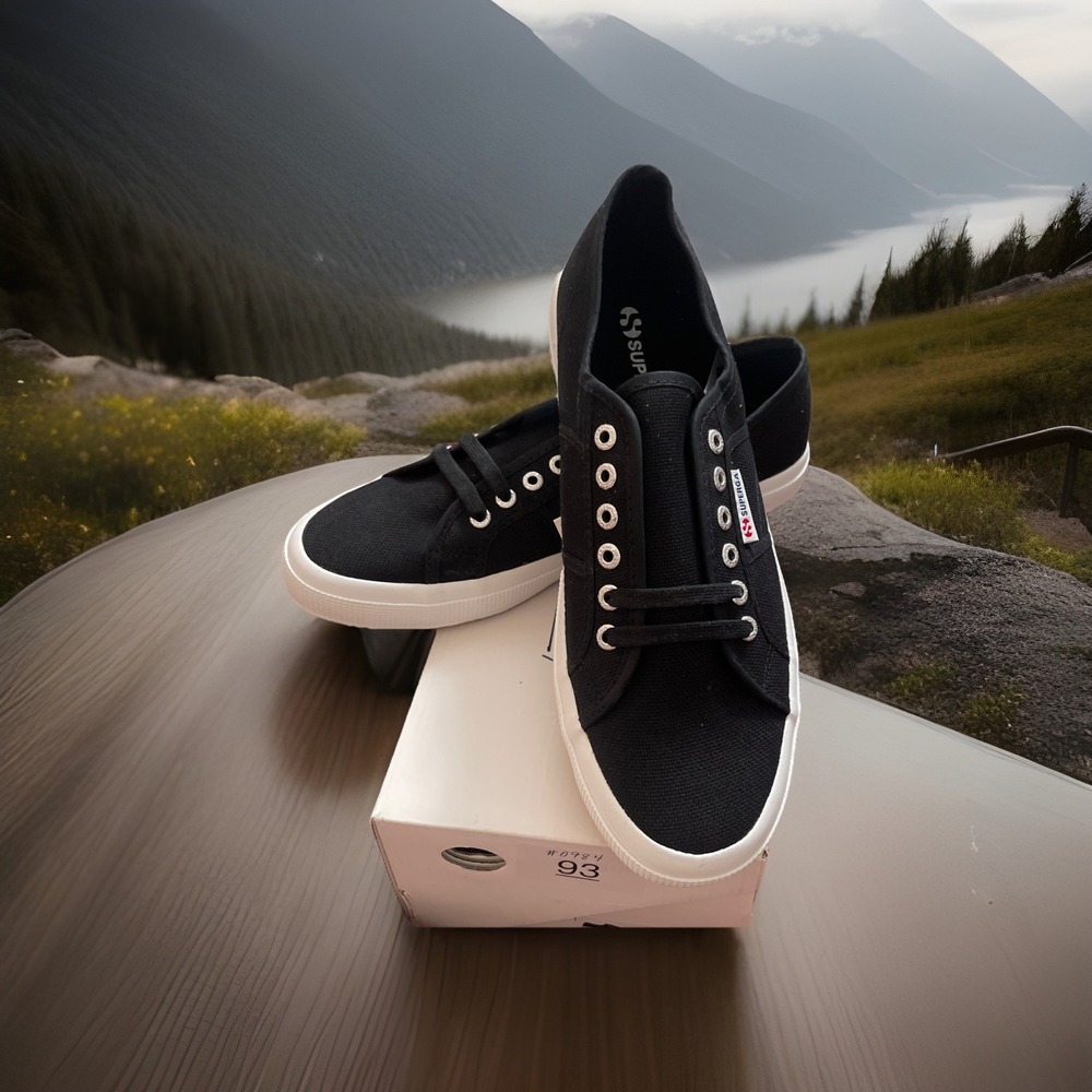 NEW Superga Black Canvas Low-Top Sneakers with White Soles